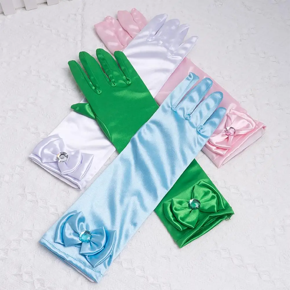 Guantes largos para niños, manoplas de dedo completo con lazo de lentejuelas satinadas, accesorios de actuación de baile de princesa, 1 par