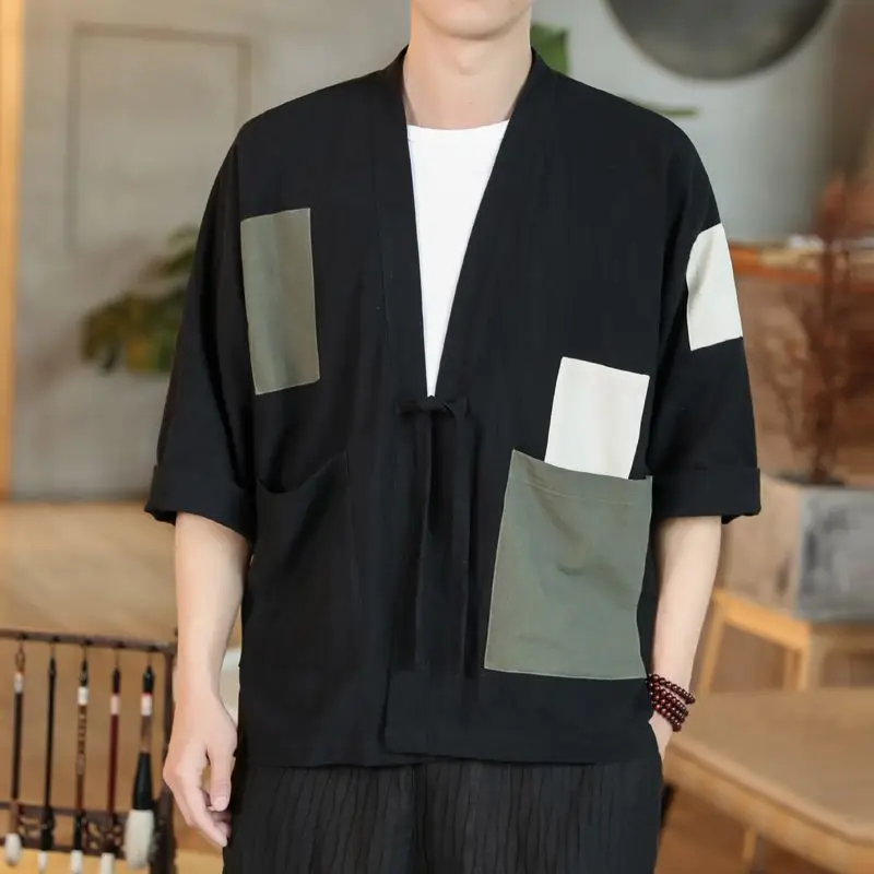 Chinese Style Men's 2024 Summer Patchwork V-Neck Fashion Solid Color Loose-fitting Pocket Casual All Match Half Sleeves Shirts