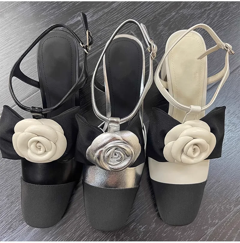 

Retro Apricot Black Slingback Pumps Camellia Bow Details Vintage Inspired Color Block Ankle-Strap Design Elegant Lady Sandals