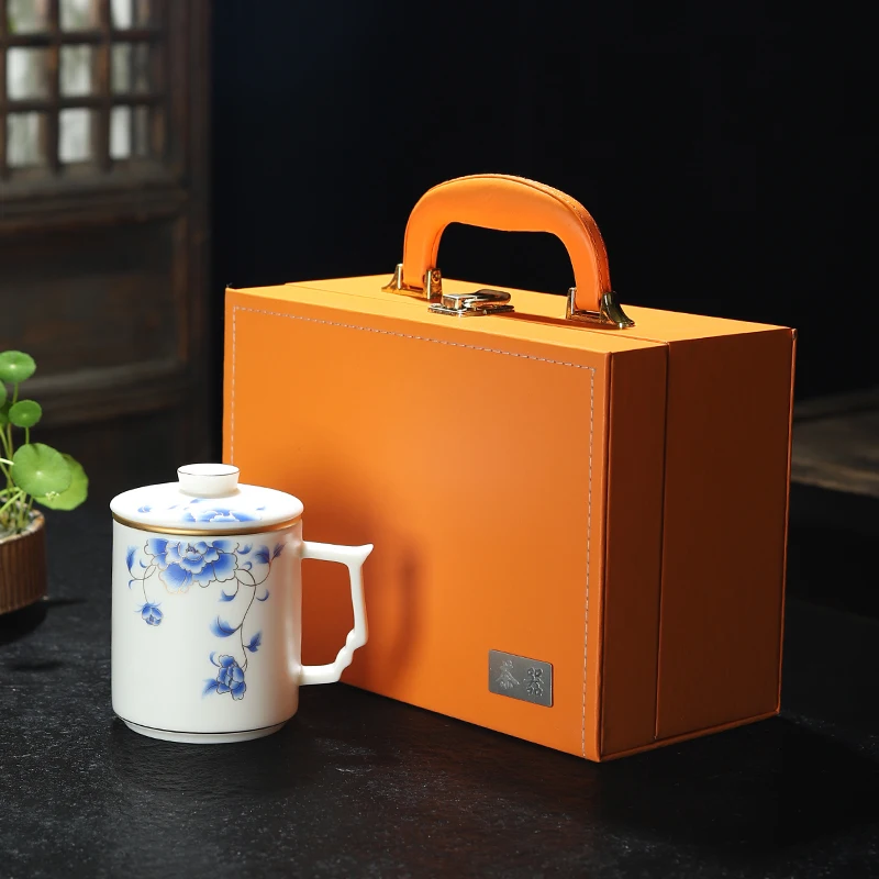 Taza de cerámica de porcelana de jade tipo hielo cocido vegetariano con caja de regalo de taza de té con filtro