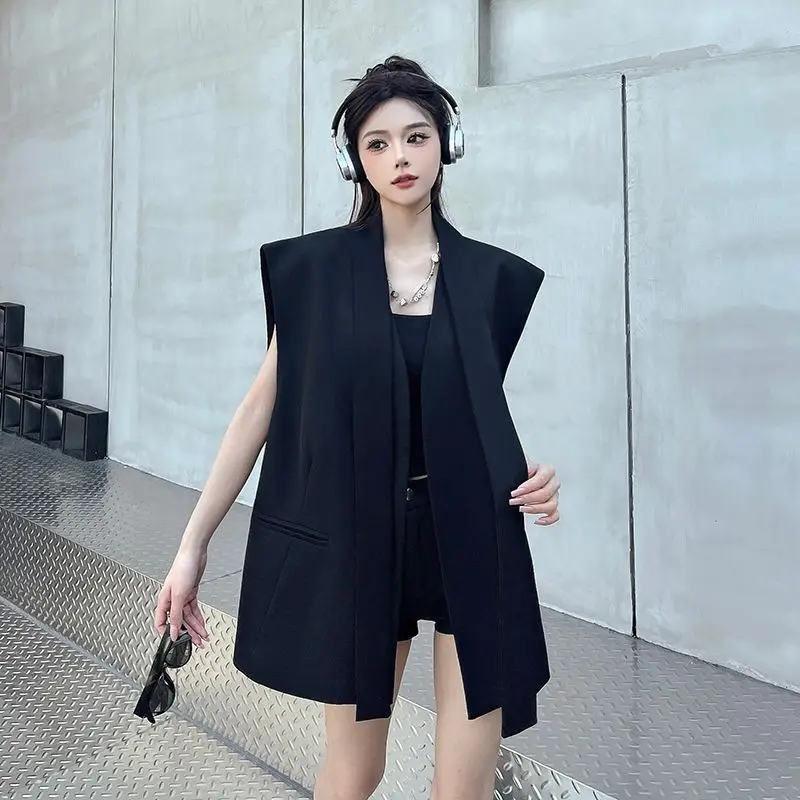 

Женский черный блейзер-жилет: весенне-осенний повседневный жакет без рукавов в корейском стиле, универсальный блейзер-жилет свободного кроя, верхняя одежда