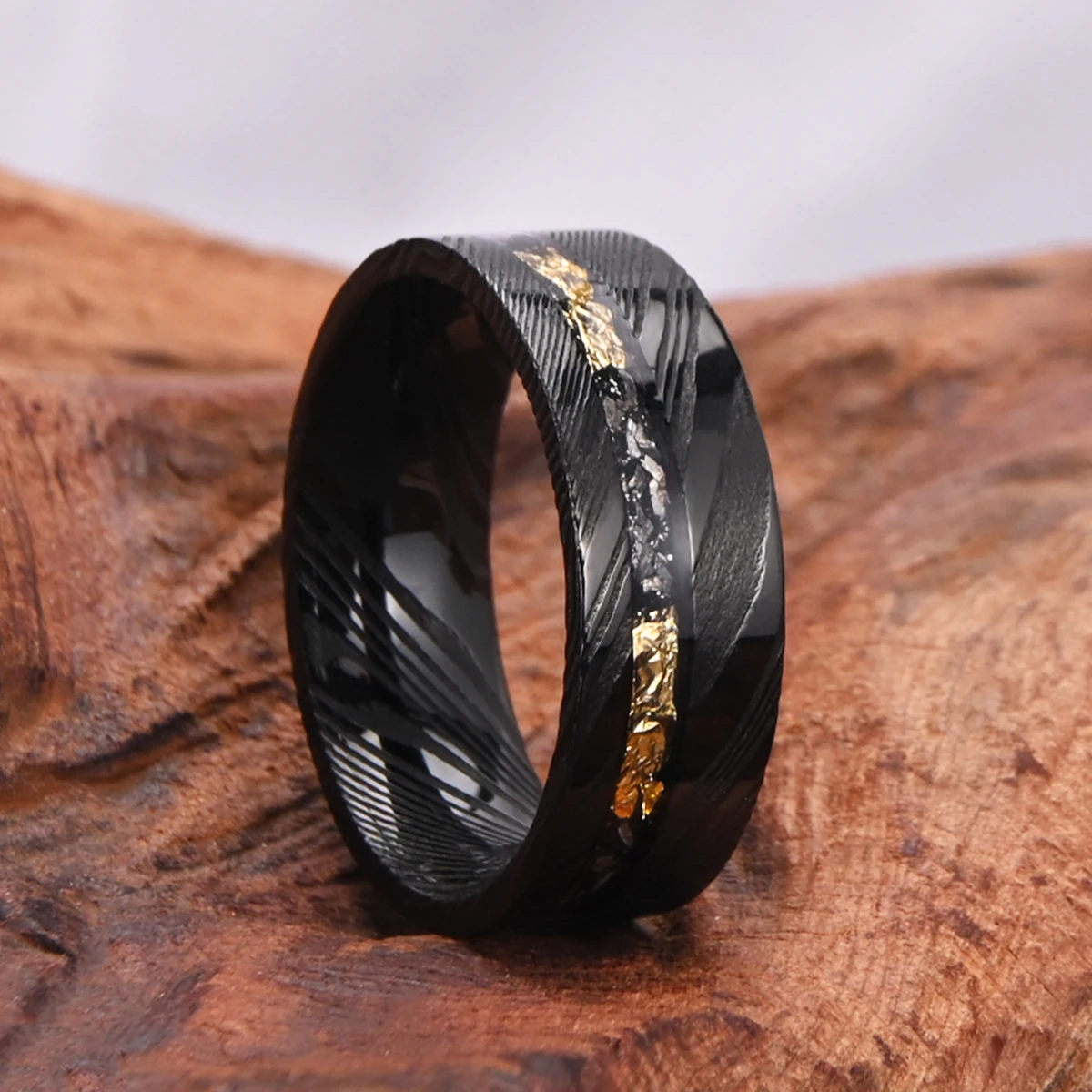 Black Damascus Steel Bezel 8mm Men's Wedding Band Stylish and Comfortable for Daily Party Wear, Gift for