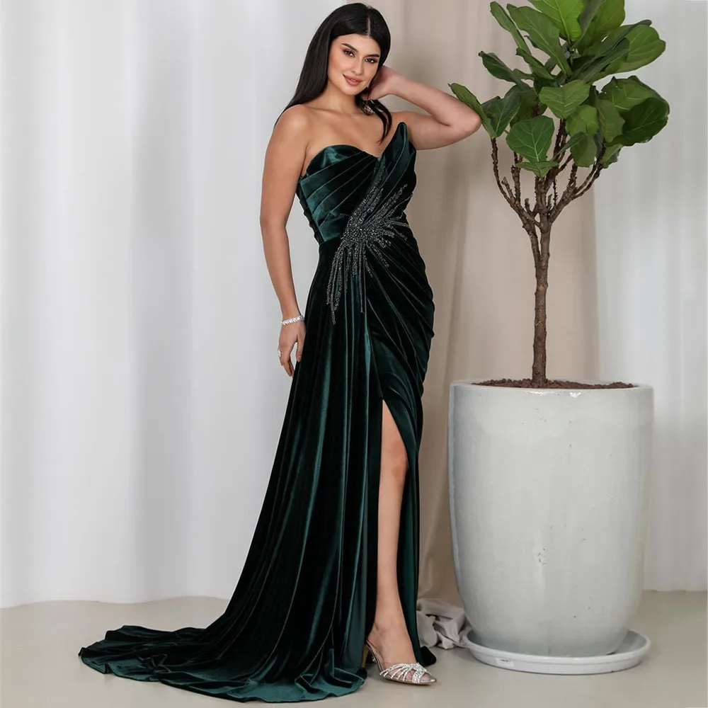 Velour Sleeveless Sexy Side Split Formal Party Dress Backless Sweetheart Neck Evening Dresses Lace Court Train Draped Prom Gown