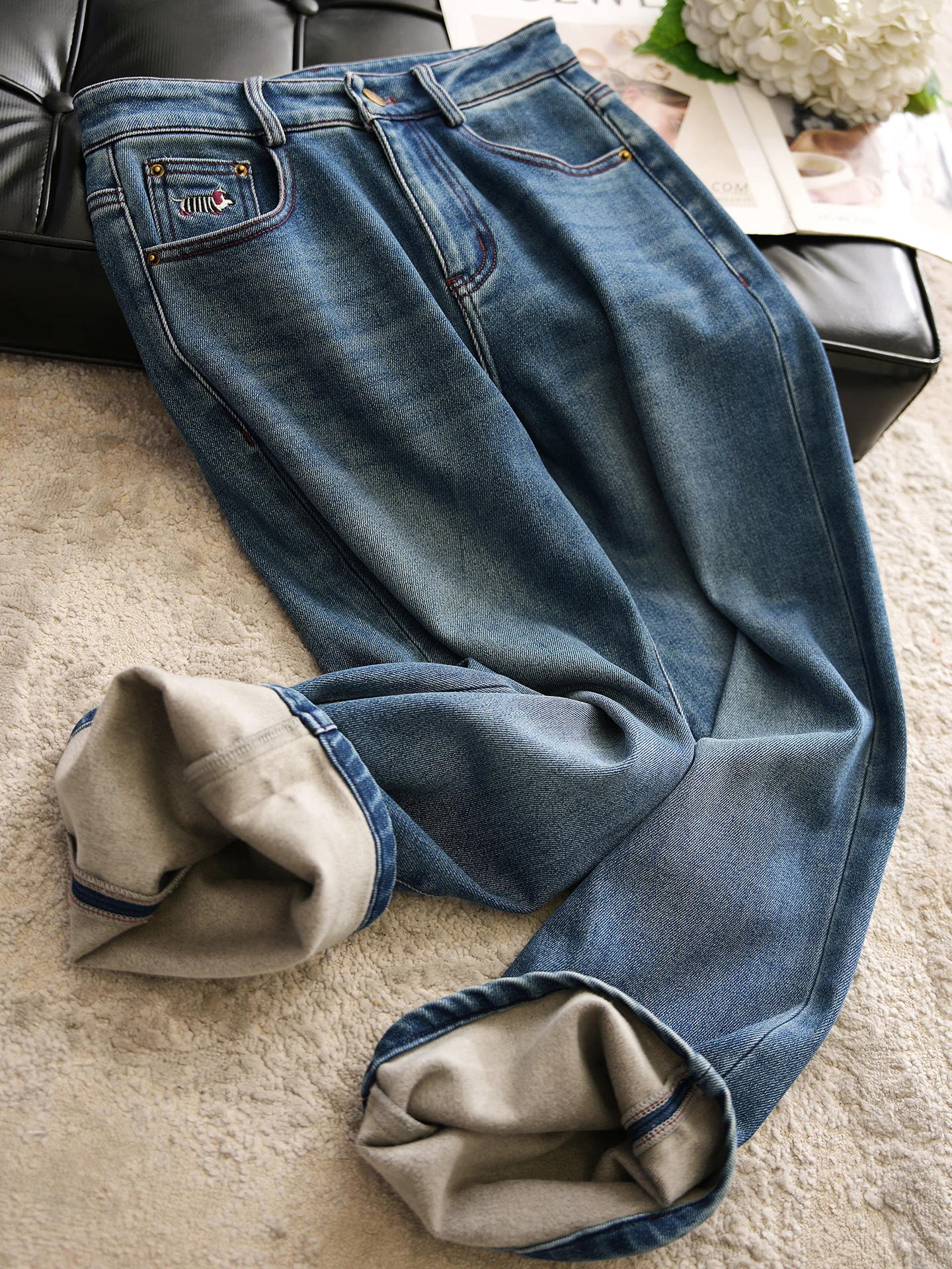 

Универсальные прямые джинсы Sli Slimming для женщин, осенне-зимние, из смесового хлопка, комфортные, теплые, с вышивкой в виде собаки