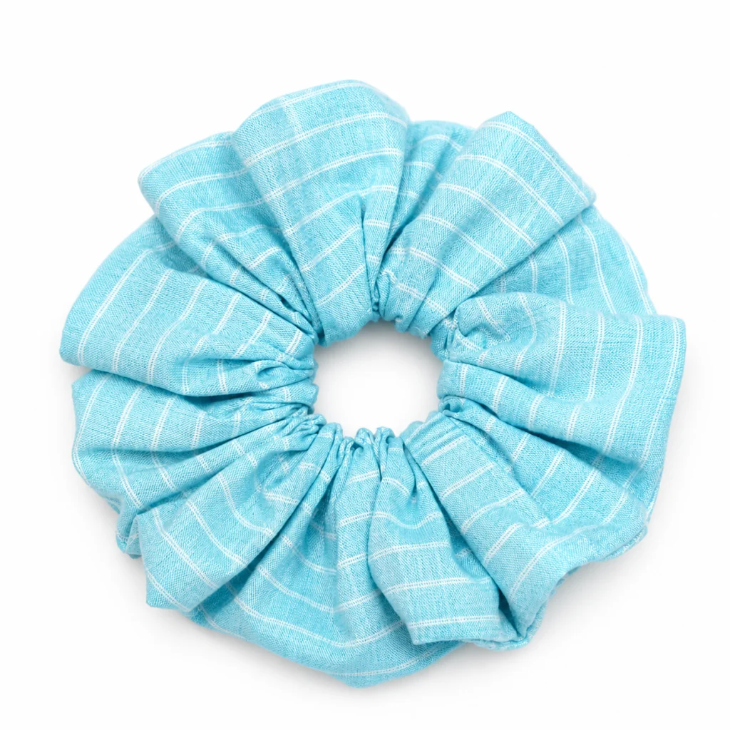 aqua-blue-pinstripe-single-layer-scrunchie-handmade-oversized-hair-tie