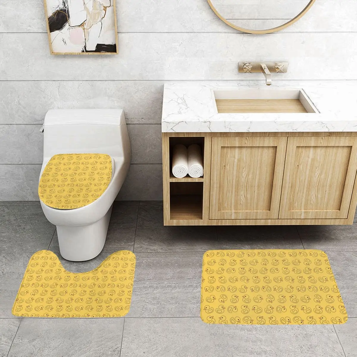 Custom Yellow Rubber Duck 3 Piece Bathroom Rugs Cartoon Animal Pets Non Slip Absorbent Toilet Bath Mat Set