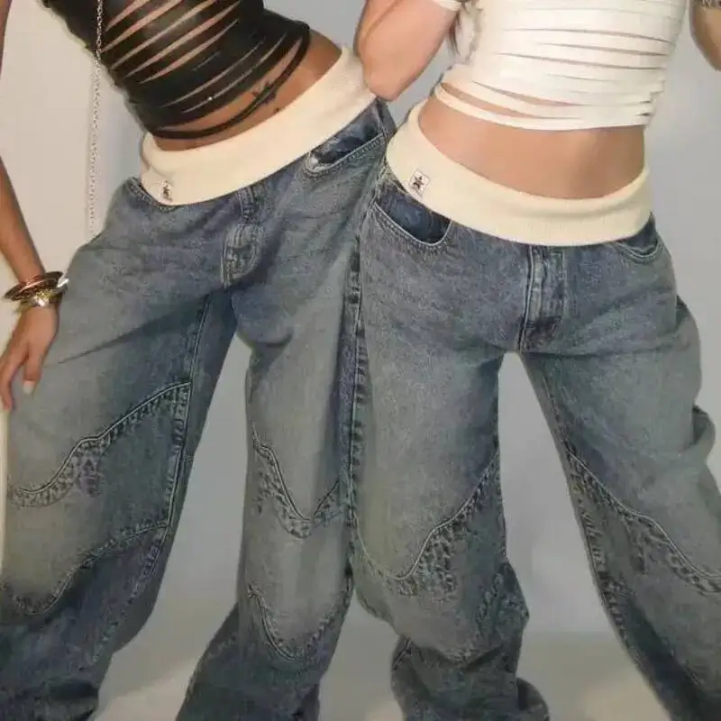 

Retro Splicing Jeans Women's Y2K Street Style Washed Retro Blue Jeans Neutral Straight Hip Hop Loose Design Casual Pants Jeans