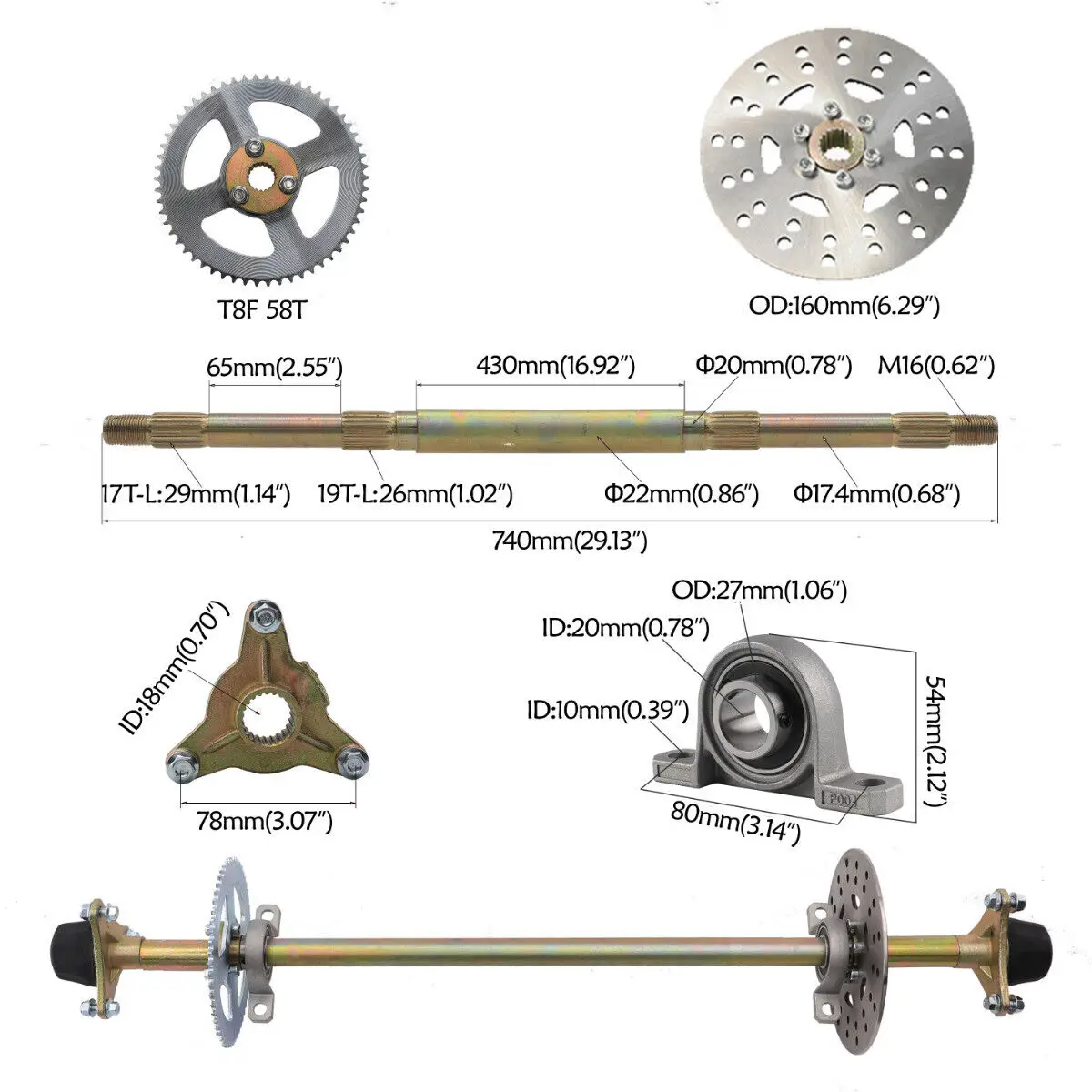 740mm Go Kart Rear Axle Kit and Wheels Brake Caliper #35 Chain Sprocket ATV Quad