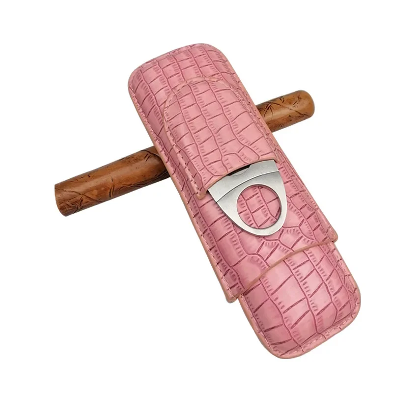 

Leather Cigar Case 2 Tube Mini Pink Cigar Holder Travel Portable Gift Cigar Cutting Men's Trend Cigar Smoking Set Cigar Humidor