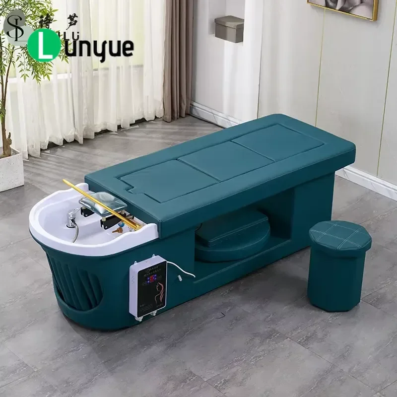 Modern Stainless Steel Shampoo Bed with Ceramic Basin and PU Leather for Beauty Hair Thai Moxibustion Furniture