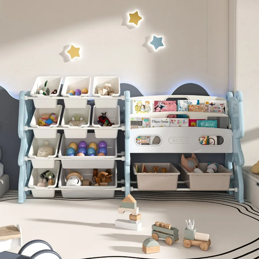 

Toy Storage Organizer Toy Organizer with 2 Tier Bookshelf Toy Storage with Shelf and 12 Toy Bins Bookshelf and Toy Storage for