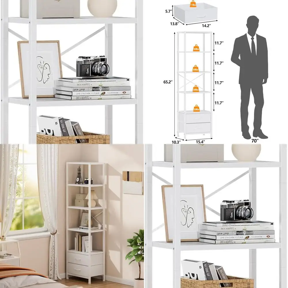 

5-уровневая угловая полка, узкая книжная полка с 2 ящиками для хранения, высокий книжный шкаф, деревянная полка-органайзер для Livi