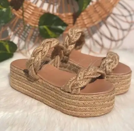 Taupe Rope Braided Espadarille Thick Sole High Flat Summer Slippers Women Platform Woven Slip On Wedge Beach Shoes Drop Shipping