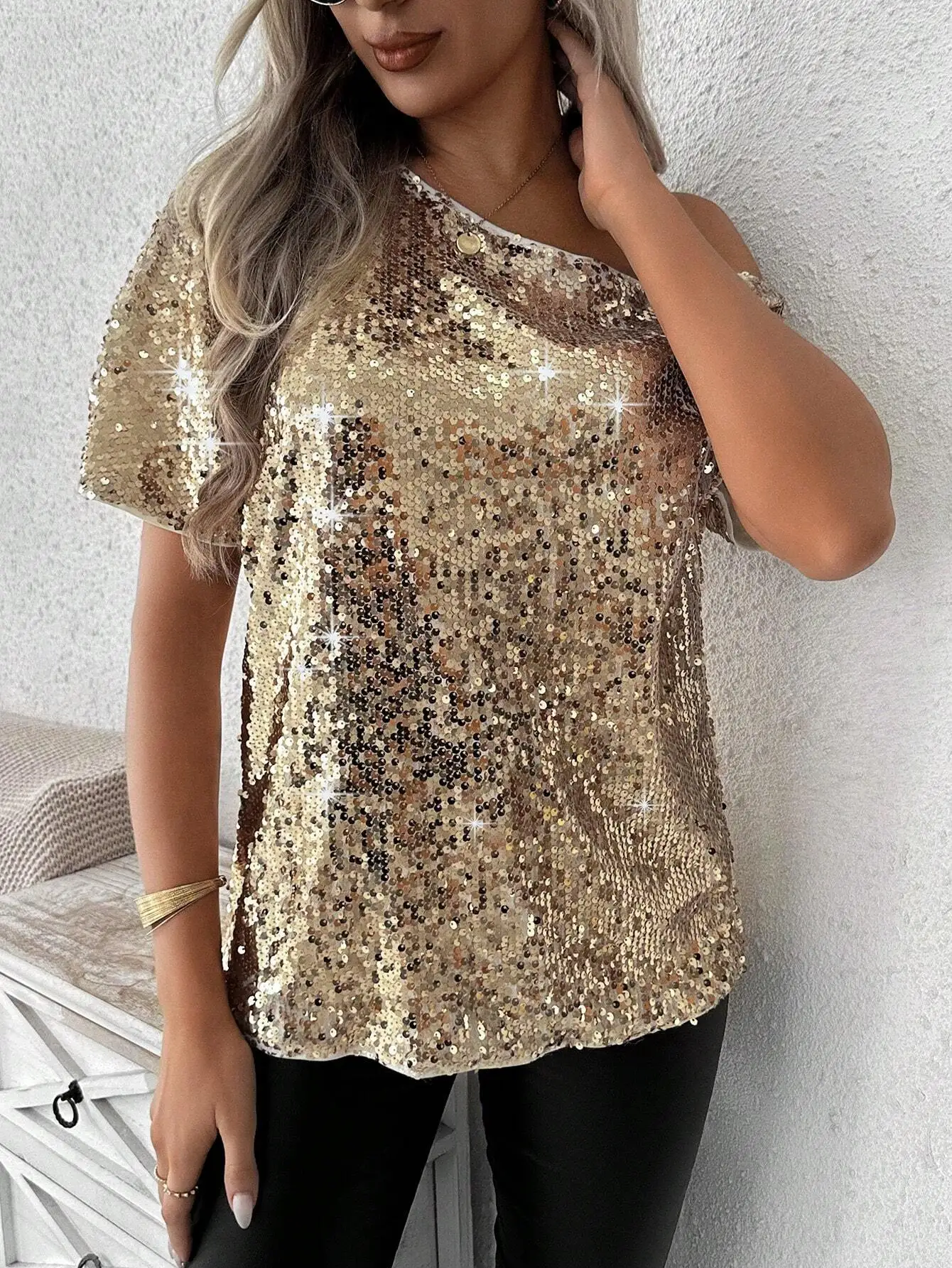 Women's Glitter Asymmetrical Neck Batwing Sleeve Gold Sequin Blouse Sparkly Party Night Clothing