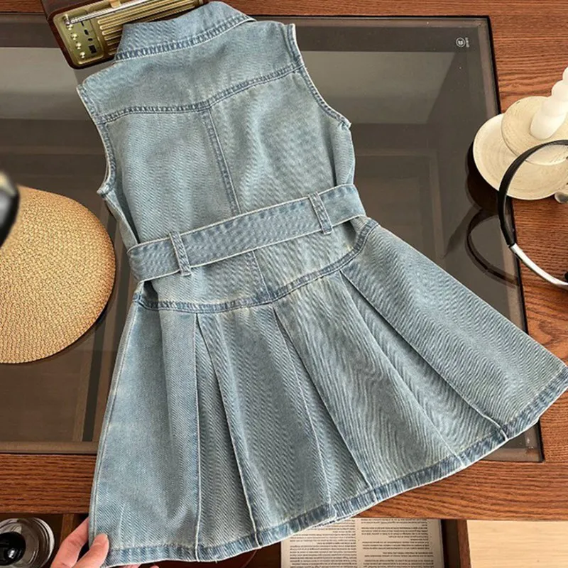 Kids Stylish Vintage Denim Dress Girls Y2K Dress Summer Children Fashion Outing Sleeveless Knee-Length Dress Travel Shoot Wear