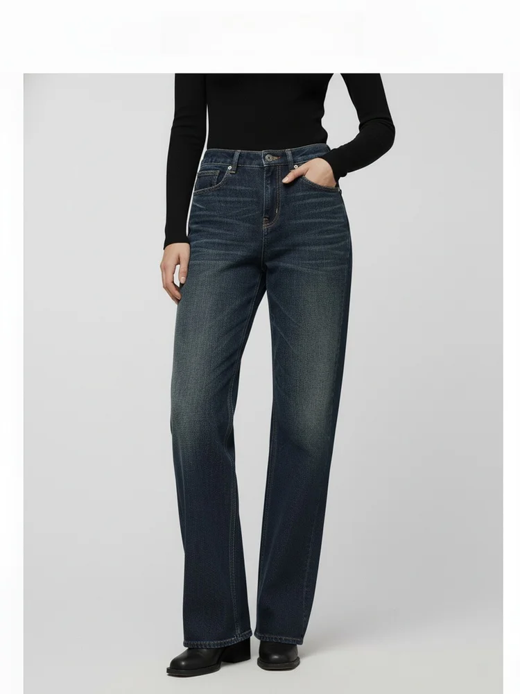 

American Retro High Waist Wide Leg Jeans Women Loose Slim Casual Long Pants Denim Sle Deep Blue Straight Leg Pants AC