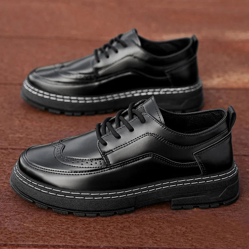 Men's British Style Brogue Casual Leather Shoes Thick Sole Non-slip Lace Up Platform Oxford Shoes Daily Commute Fashion Dress Sn