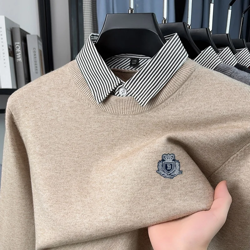 Herbst Herren Einfarbiger O-Ausschnitt Strickpullover mit Stickerei, Zweiteiliges Design, Warme Langarm-Oberteile, Arbeitskleidung für Männer – Detail 11