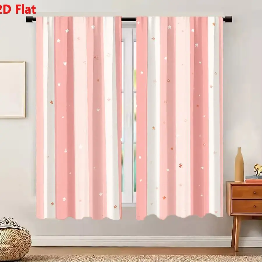 2Pcs Curtains 2D Flat Seamless Pattern Vertical Stripes Pink And Off White With Scattered Stars For Baby Decor And Romantic Desi