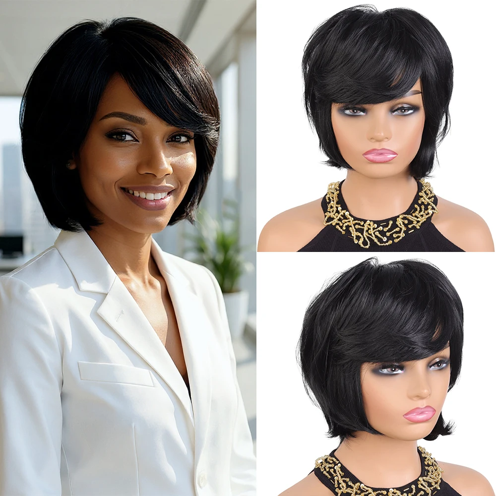 

Women Synthetic wig Short Straight Black Textured Pixie Synthesis Hair Wigs With Bangs Layered Wig With Volume For All Occasions