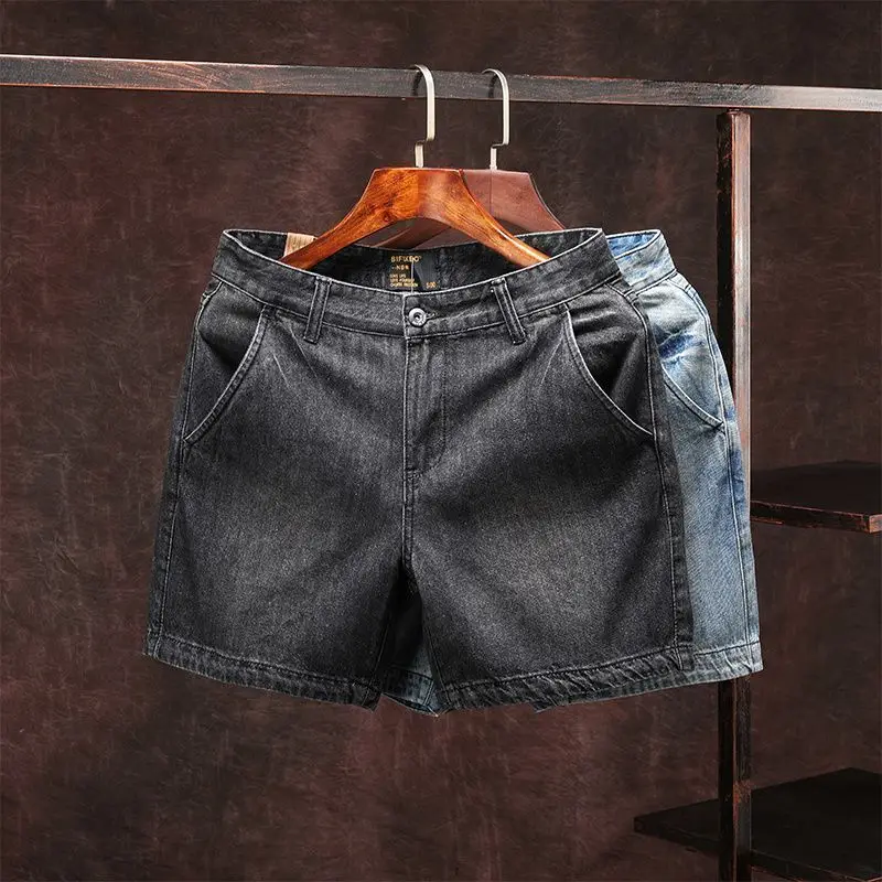 여름 미국 솔리드 3점 청바지 남성용 레트로 워시 트렌드 스트레이트 카우보이 캐주얼 다목적 짧은 스트리트웨어 하프 바지