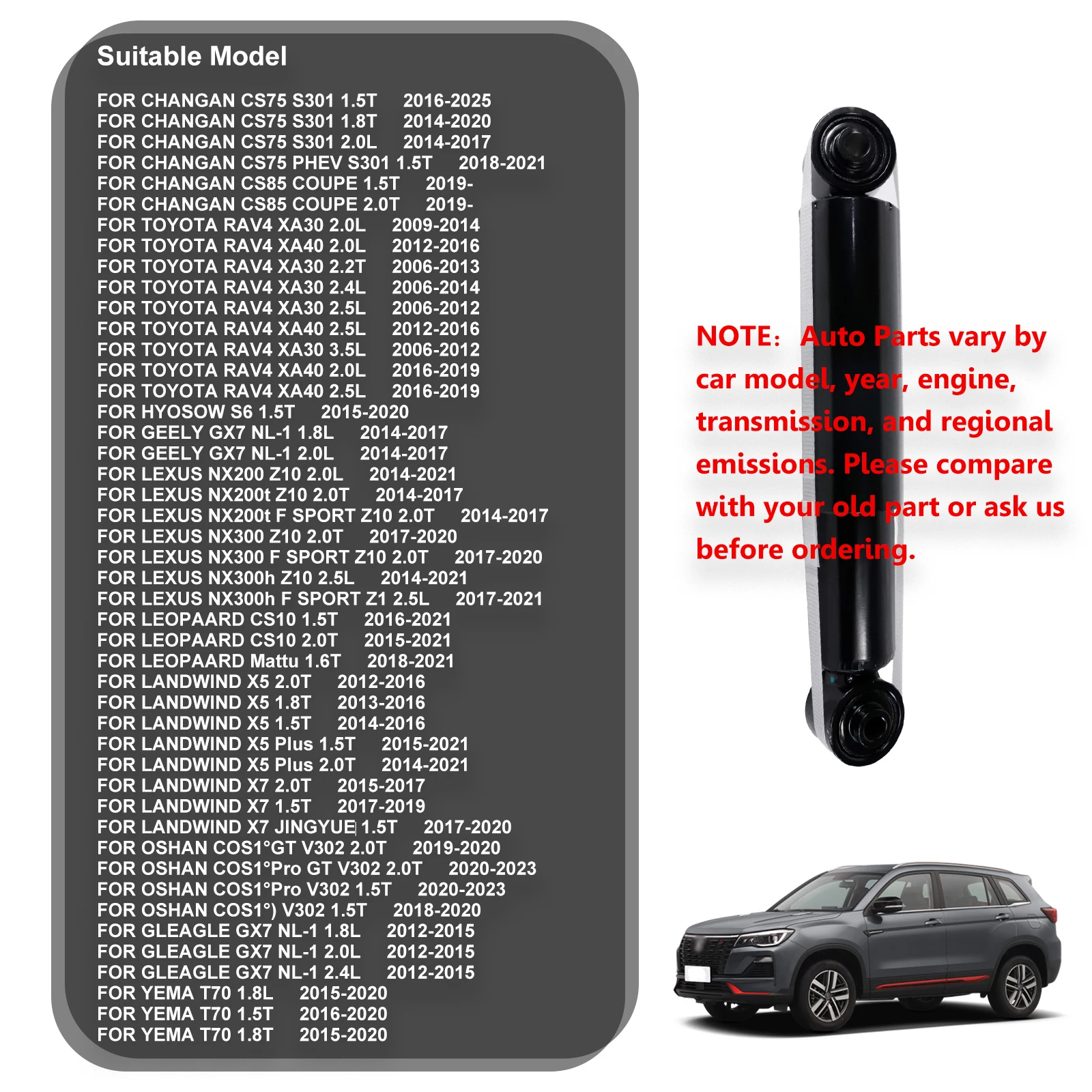 Rear Shock Absorbers For CHANGAN CS75 CS85 COUPE TOYOTA RAV4 XA30 XA40 LEXUS NX200 NX200t NX300 NX300h LANDWIND X5 X7 GEELY GX7 - view 2