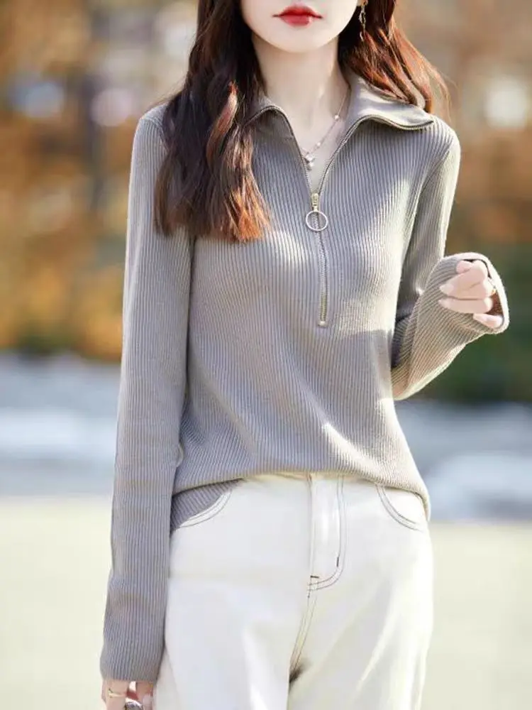 

Loose Fit Zipper Half Open Collar Knitted Base Shirt Women's Casual Style Long Sleeve Pure Color Knitwear for Autumn
