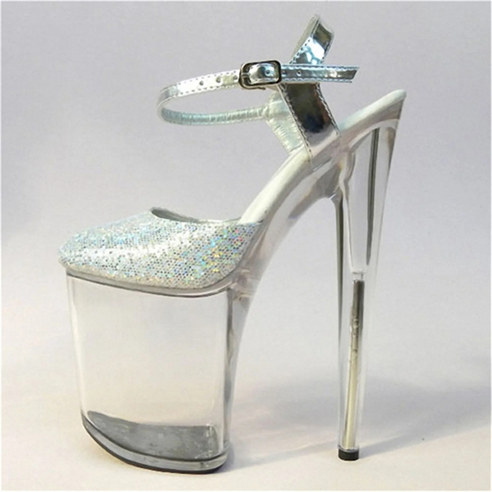 

2025 Metallic Silver Crystal Stiletto - Transparent Heel 20CM | Rhinestones & Adjustable Ankle Strap