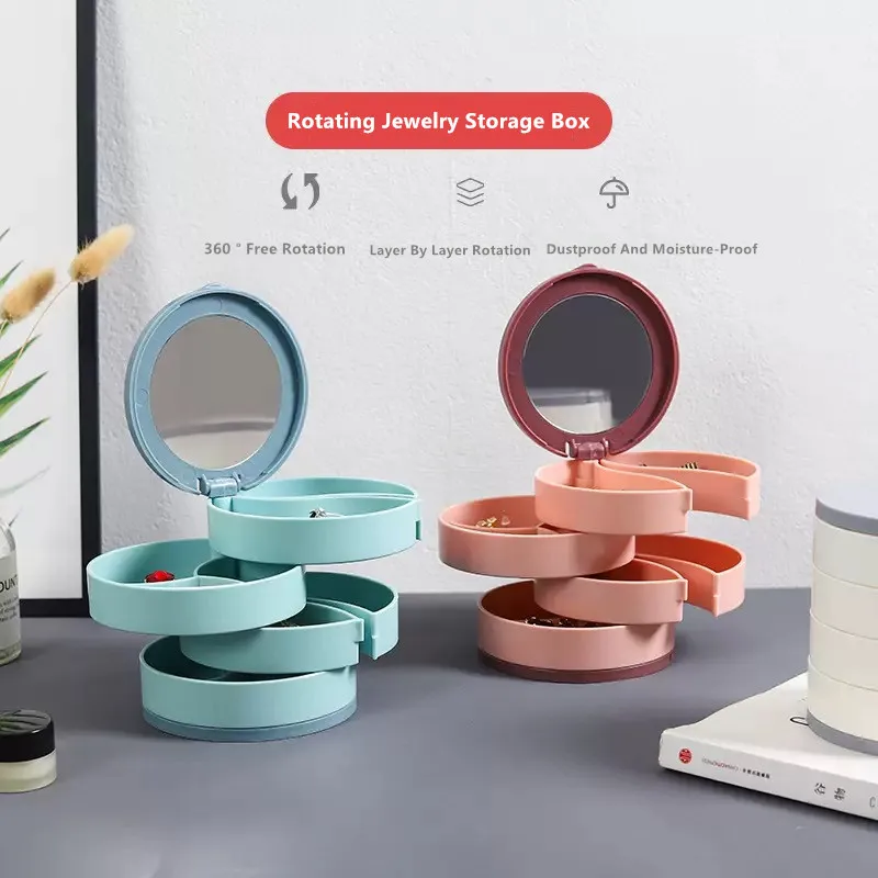 

4-слойная вращающаяся коробка для хранения ювелирных изделий, женское ожерелье, настольная коробка для хранения, держатель для сережек с крышкой, дорожная коробка для хранения браслетов с кольцом