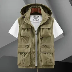 Hooded Vest Men's Multi-Pocket Loose Workwear Sleeveless Jacket Men Hiking Fishing Reporter Cargo Tool Waistcoat Big Size 6XL