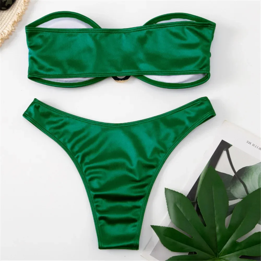 Costumi da bagno Sexy senza spalline verdi a forma di U Bikini a fascia Set costumi da bagno donna costume da bagno femminile taglio alto Bikini bagnanti Biquinis