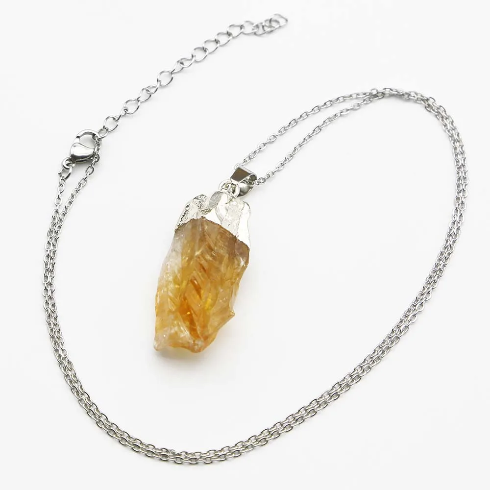 Natural Raw Ore Topaz Irregular Pendant Yellow Crystal Plating Silver Stainless Steel Chain Necklace DIY Jewelry Accessories6Pcs