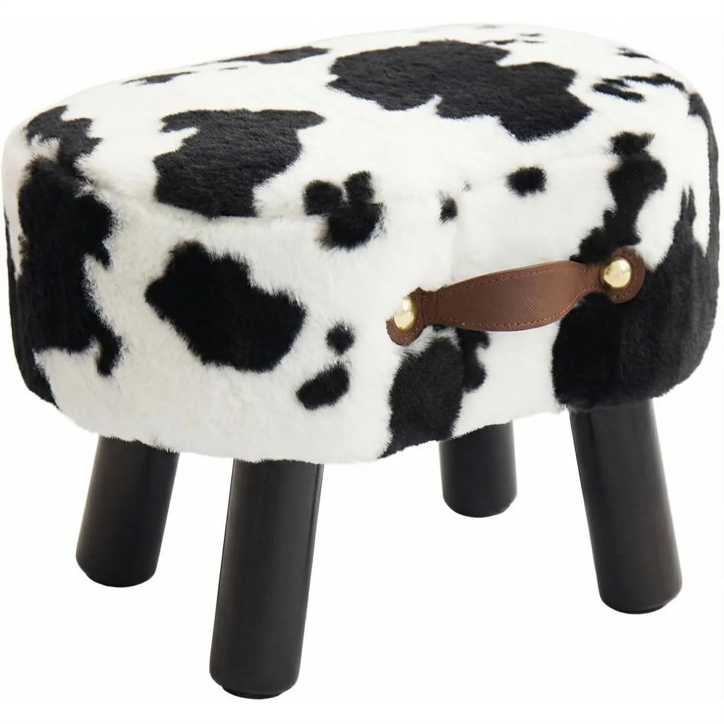 

Faux Fur Ottoman Footstool with Handle, Padded Seat and Wooden Legs for Living Room, Bedroom, Entryway