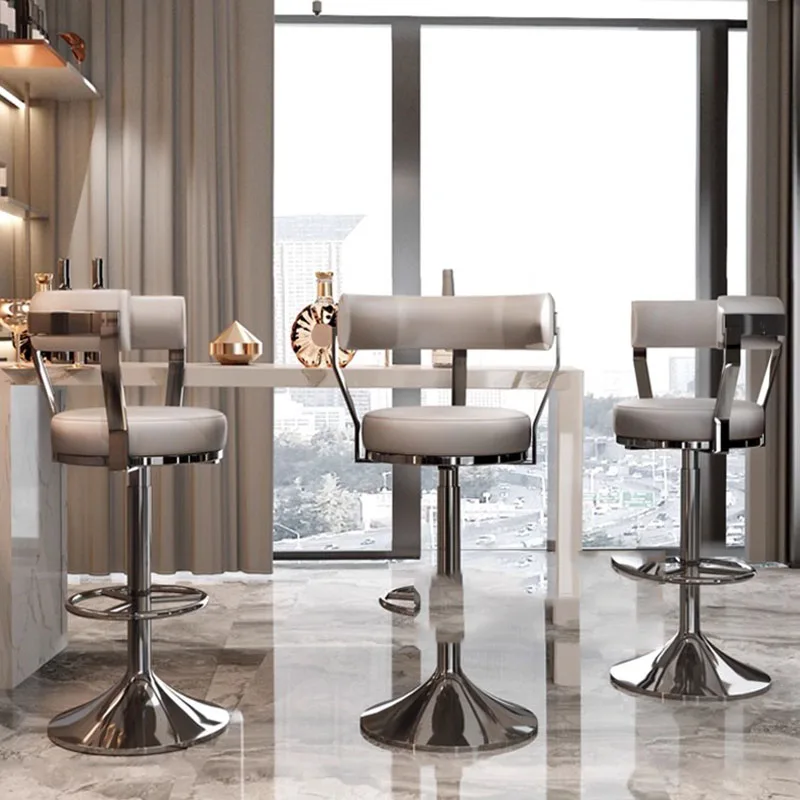 

With Back Leather Bar Chairs Ergonomic Metal Soft Professional Barber Adjustable Barstools Back Cream Sillas Home Furniture