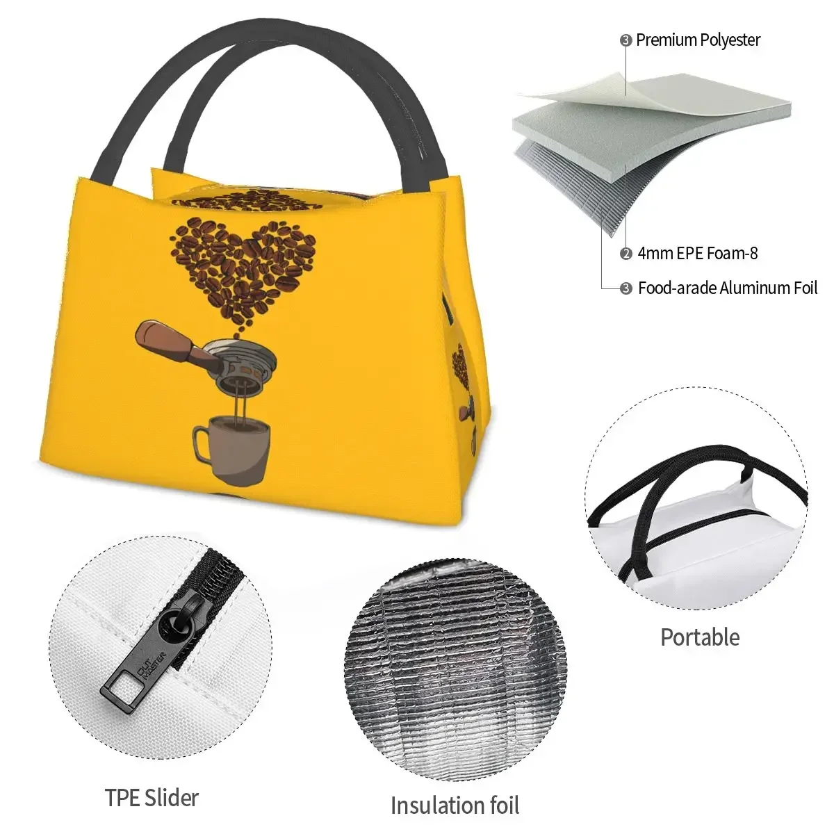 Coffee Beans Heart Barista Lunch Bag Insulated Cooler Waterproof Picnic Coffee Maker Oxford Tote Food Storage Bags