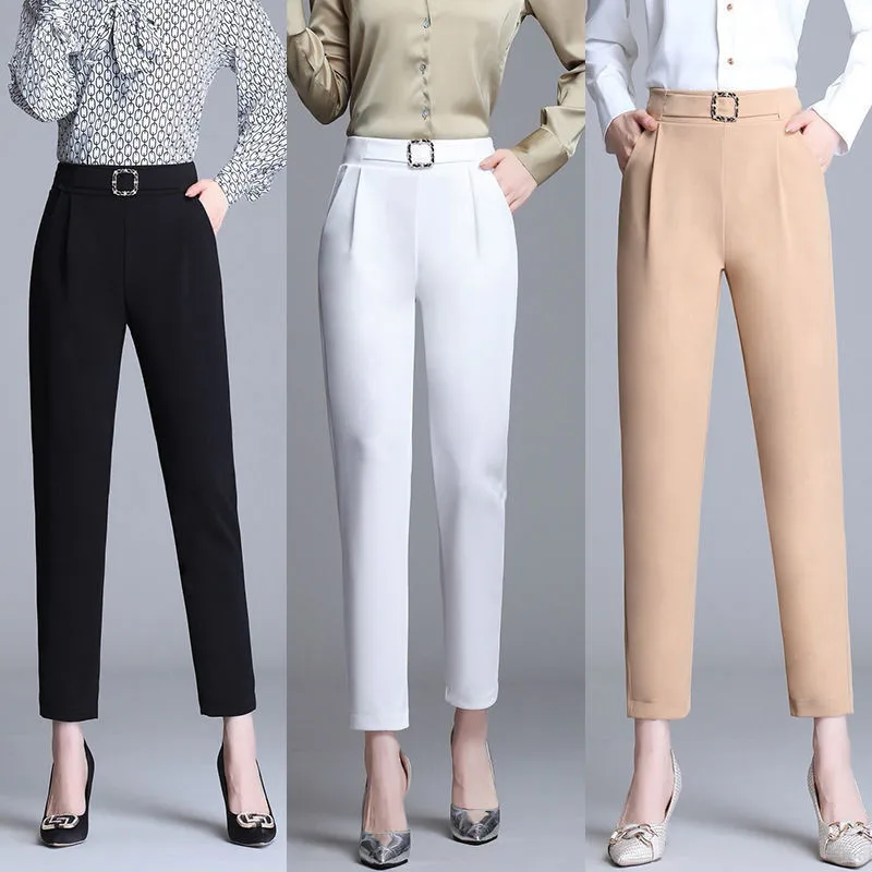 White Pants Women Elastic High-waisted Haren Pants Fashion Wild Professional Suit Pants Office Ladies Trousers Black Khaki Pants