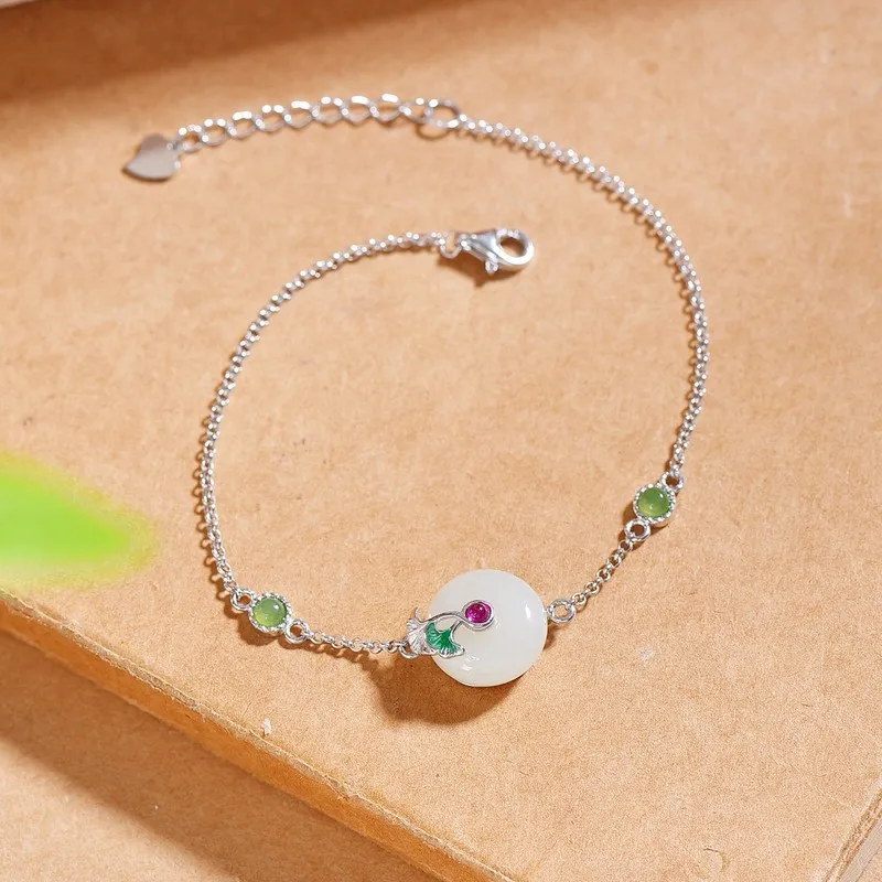 S925 Silver Inlaid With Hetian Jade Peace, White And Green Enamel Ginkgo Leaf Bracelet Attracting Wealth