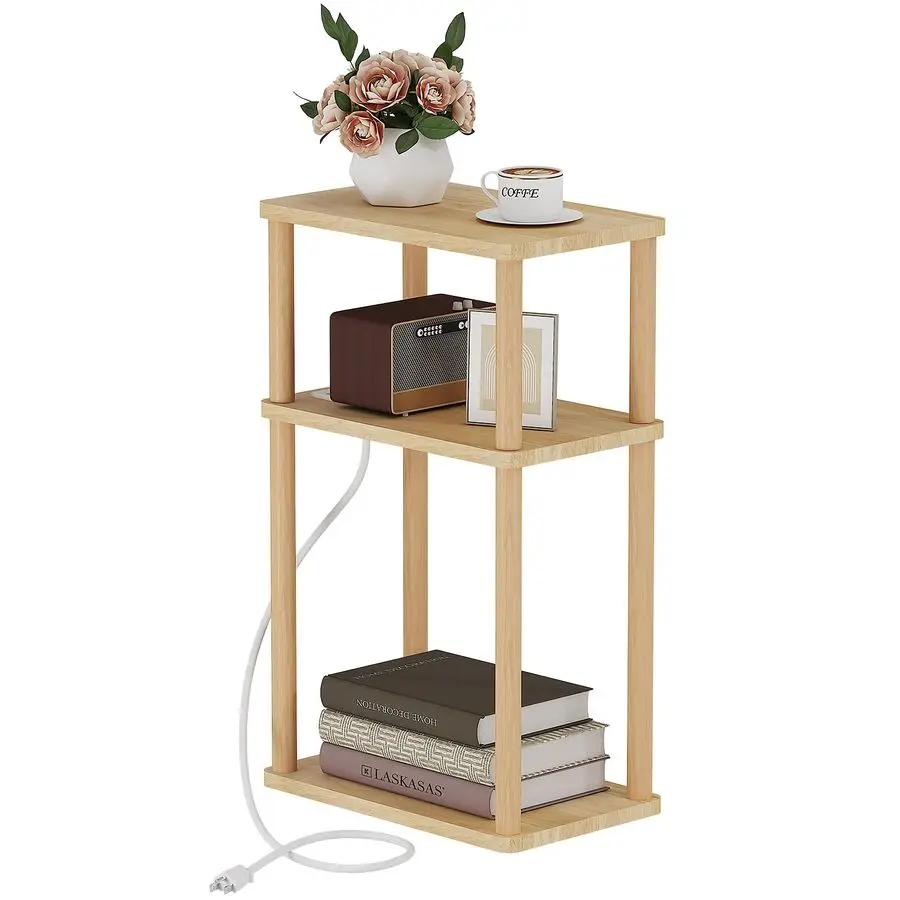 

Приставной столик из массива дерева с зарядной станцией, 3-уровневый небольшой торцевой столик с USB-портами и розетками, приставной столик для узкого дивана, Skinny N