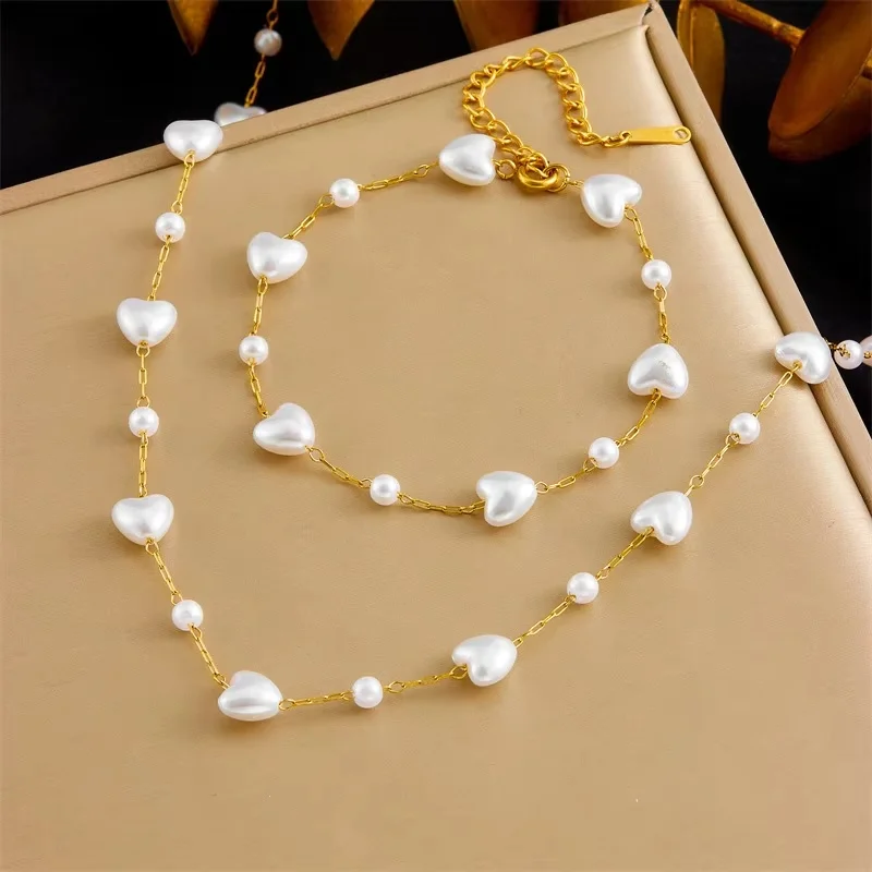 

Simple Pearl Heart-Shaped Choker Necklace Bracelet Set Elegant Wedding Fashion Love Bridal Jewelry Women For Wedding Anniversary