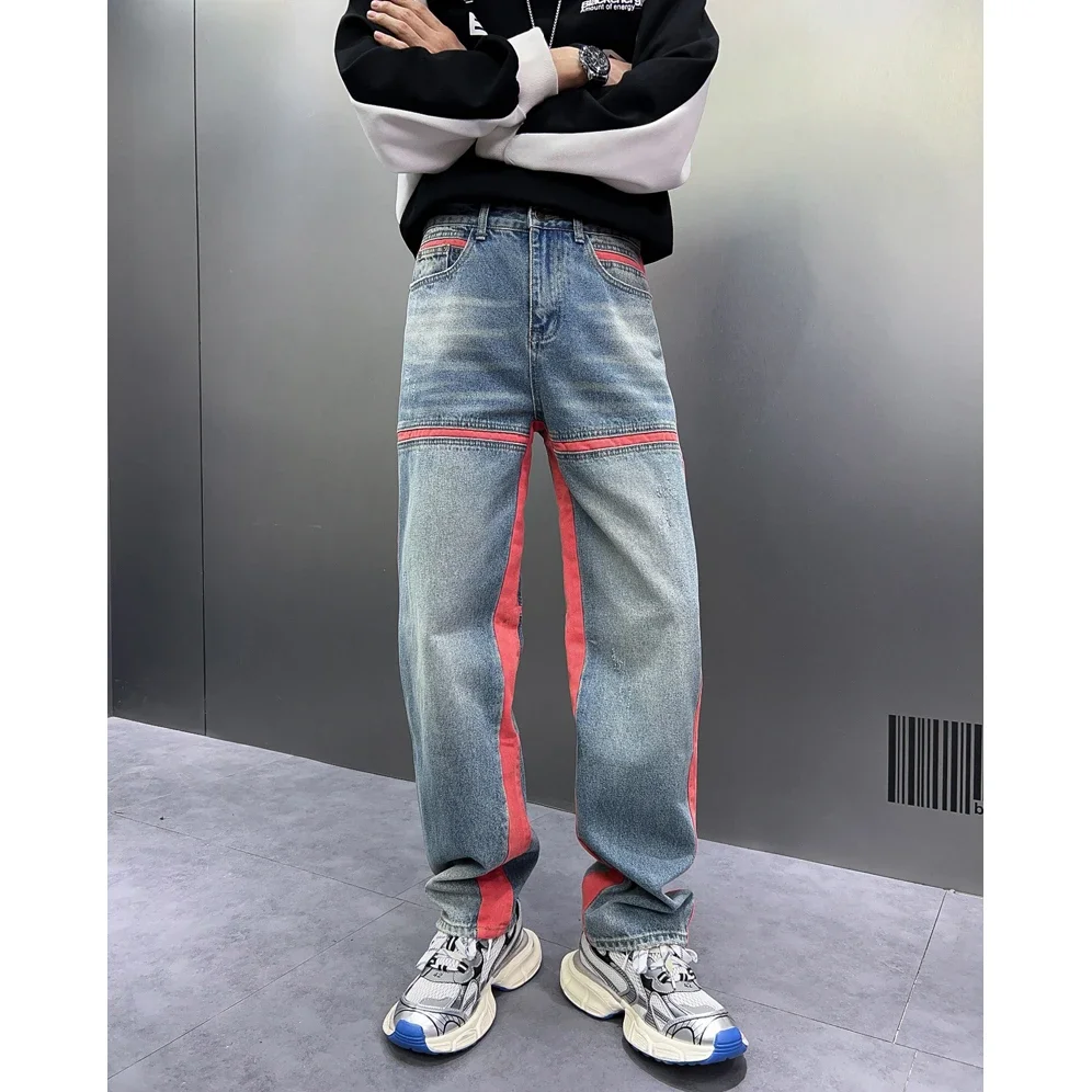 

KPop Men's Jeans Contrast Color Side Stripe Spliced Denim Full Legnth Straight Youth Baggy Pants