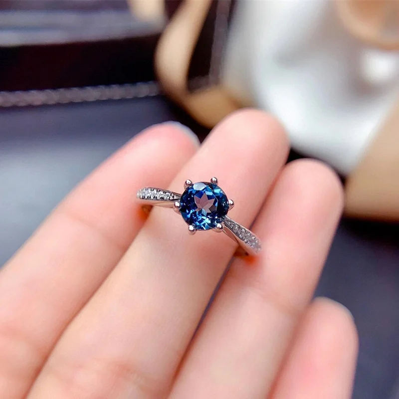 

6MM Topaz Rings Silver 925 Fine Jewelry for Women Engagement Anniversary Gift Natural London Blue Gemstones Classic Style