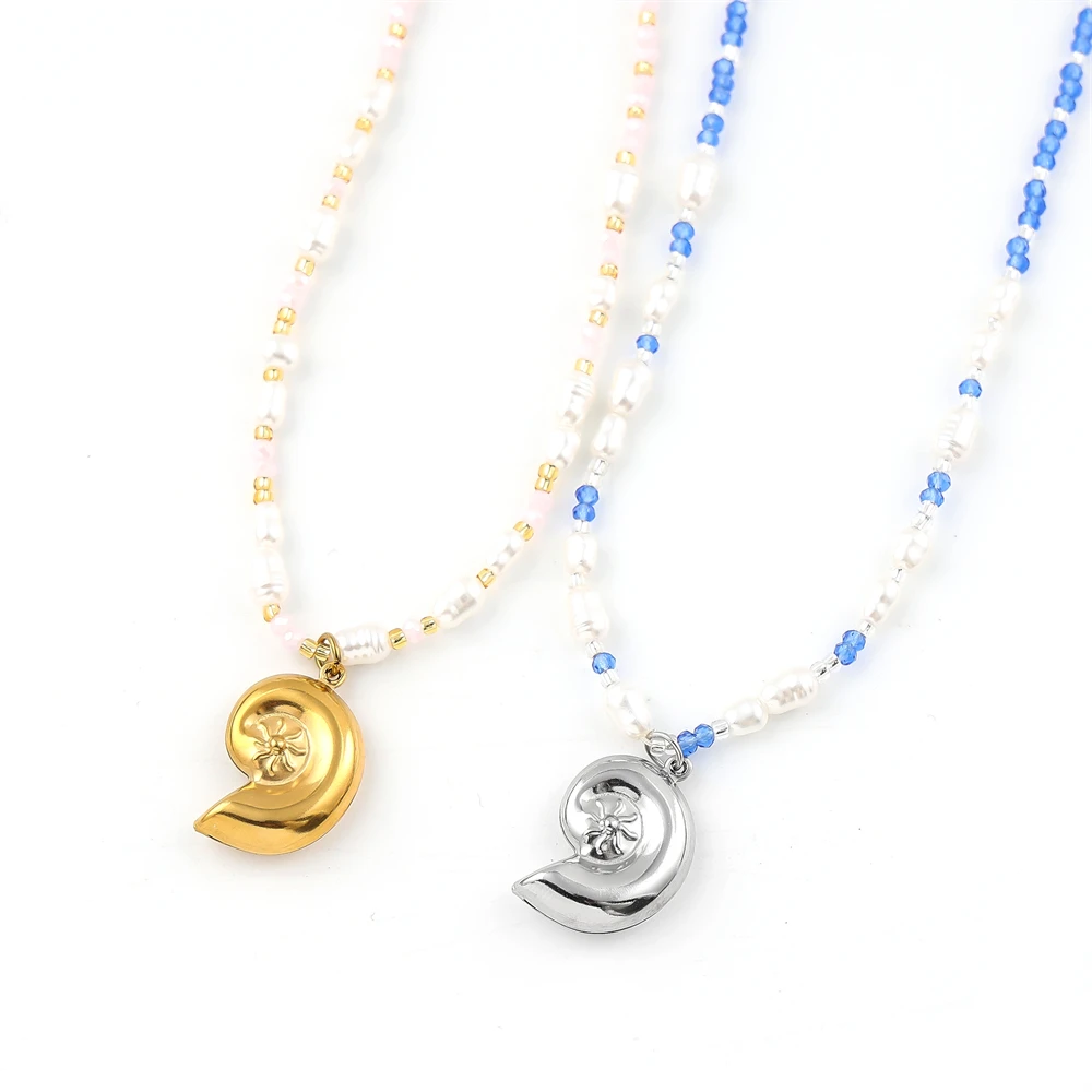 

Stainless Steel Conch Pendant Choker Necklace For Women Girl Summer Ocean Beach Imiation Pearls Glass Beaded Chain Jewelry Gift