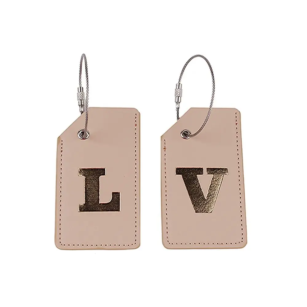 PU Leather Luggage Tags Letter Resealable Suitcase Identify Labels Anti-lost with Steel Wire Cable Baggage Handbag Label Travel