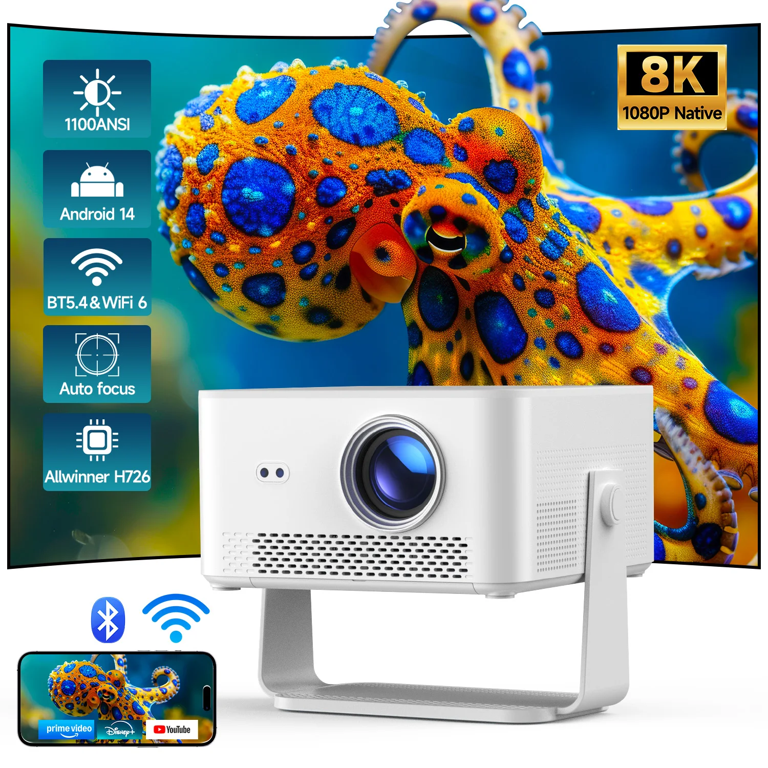 HY450 Max Projector Auto Focus 1080p Native 900 ANSI Smart Built-in Speakers HIFI Stereo WiFi6 & For 5.0 Portable