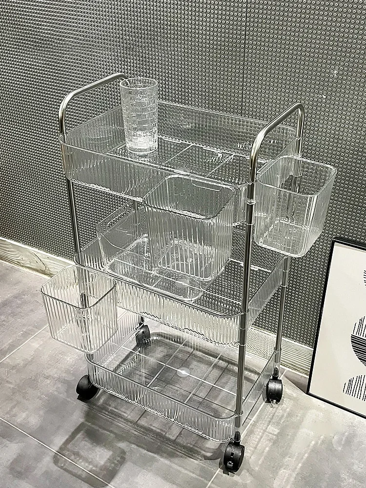 

Transparent Storage Rack Trolley Cosmetics Kitchen Bathroom Bedroom Multi Storey Snacks Storage Rack with Wheels Organizer Home