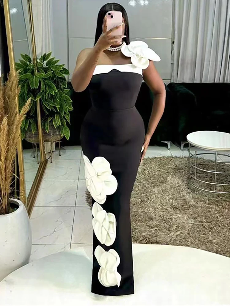 Vestido Bandage de flores blancas grandes sin tirantes para mujer, vestido negro sin mangas con espalda descubierta, vestidos largos florales ajustados para fiesta y Club nocturno