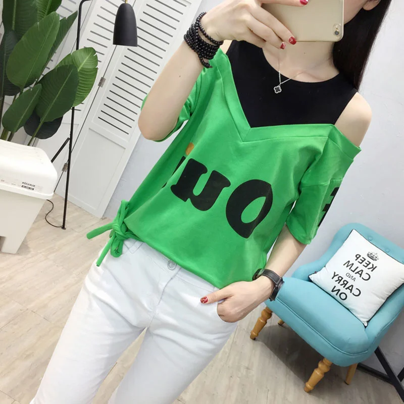 2024 Summer Korean Short-sleeved T-shirt Women\'s O- Neck Cotton T-shirt Fake Two-piece Loose Letter Shoulder Drop Strap Top