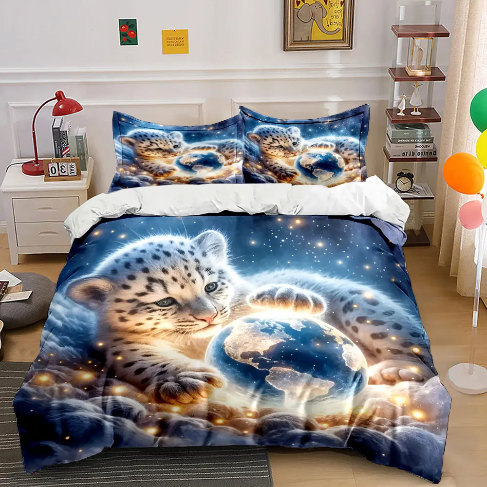 Dreamy Snow Leopard Earth Print Bedding Set 1 Duvet Cover 2 Pillowcases for Adult and Children Luxury Gift Full Size