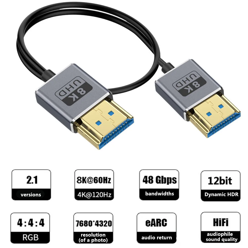 Coaxial HDMI 8K HDMI 2.1 Cable Ultra High Speed 48Gbps Thin HDMI 2.1V Audio Video Cord Φ2.5mm, 8K@60Hz 4K 5K Dynamic HDR eARC