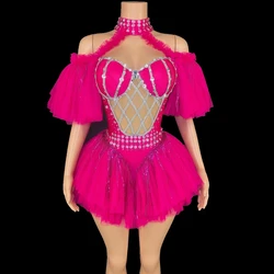 Sexy Sequins Tassels  Off-The-Shoulder Mesh Bodysuit Evening Party Dress Performance Dance Costume Nightclub Dancer Stage Wear